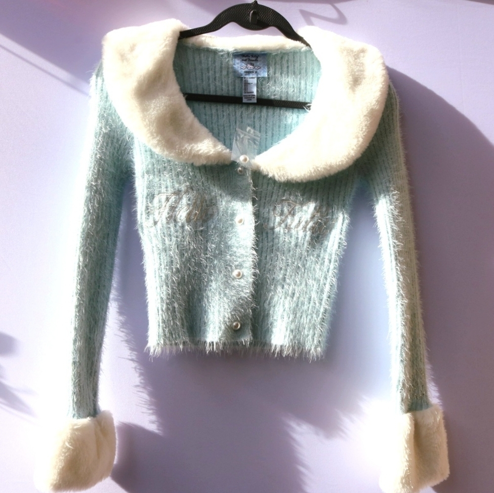 Forever 21 Sanrio Hello Kitty and Friends Faux Fur Sweater Cardigan Small Blue